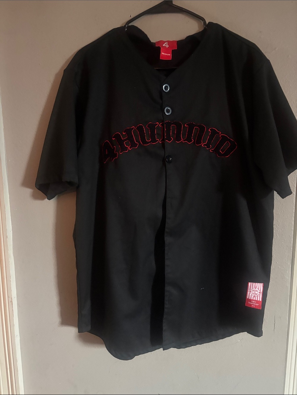 4Hunnid Black Short-Sleeve Button Baseball Jersey with Red Trim